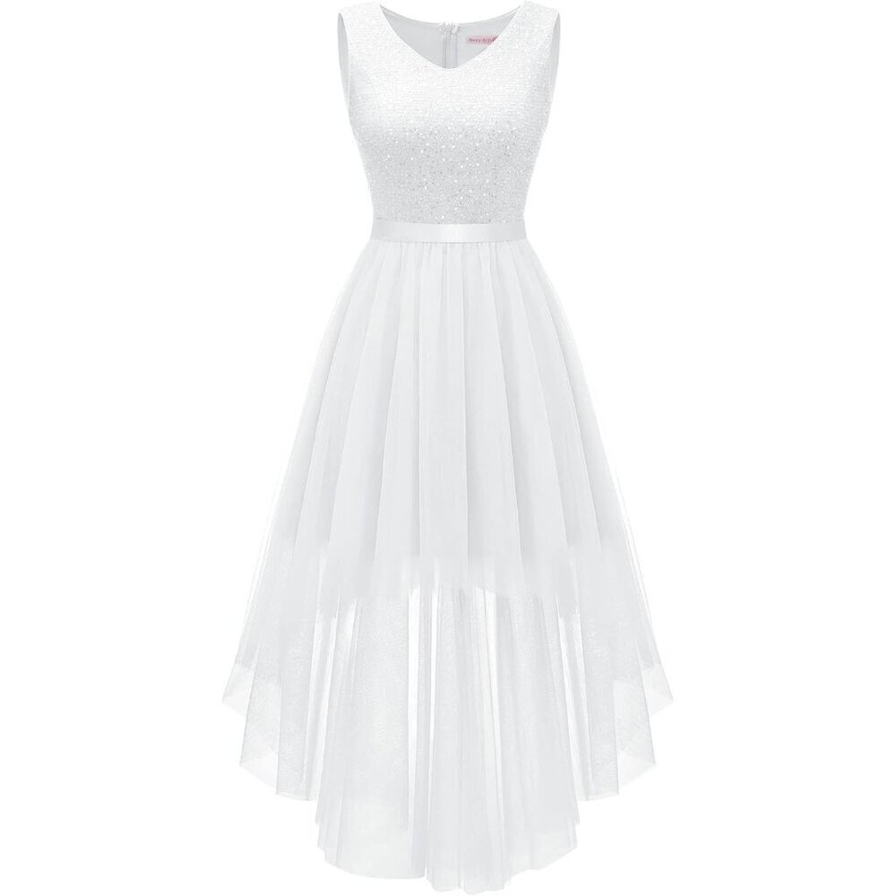 BeryLove Women Tulle Sequin White Chiffon Scoop Neck Sleeveless Cocktail Dresses - Picture 1 of 7